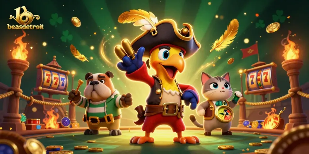 Engage with beasdetroit's thrilling casino scene featuring a pirate captain and his crew amid vibrant gaming elements.