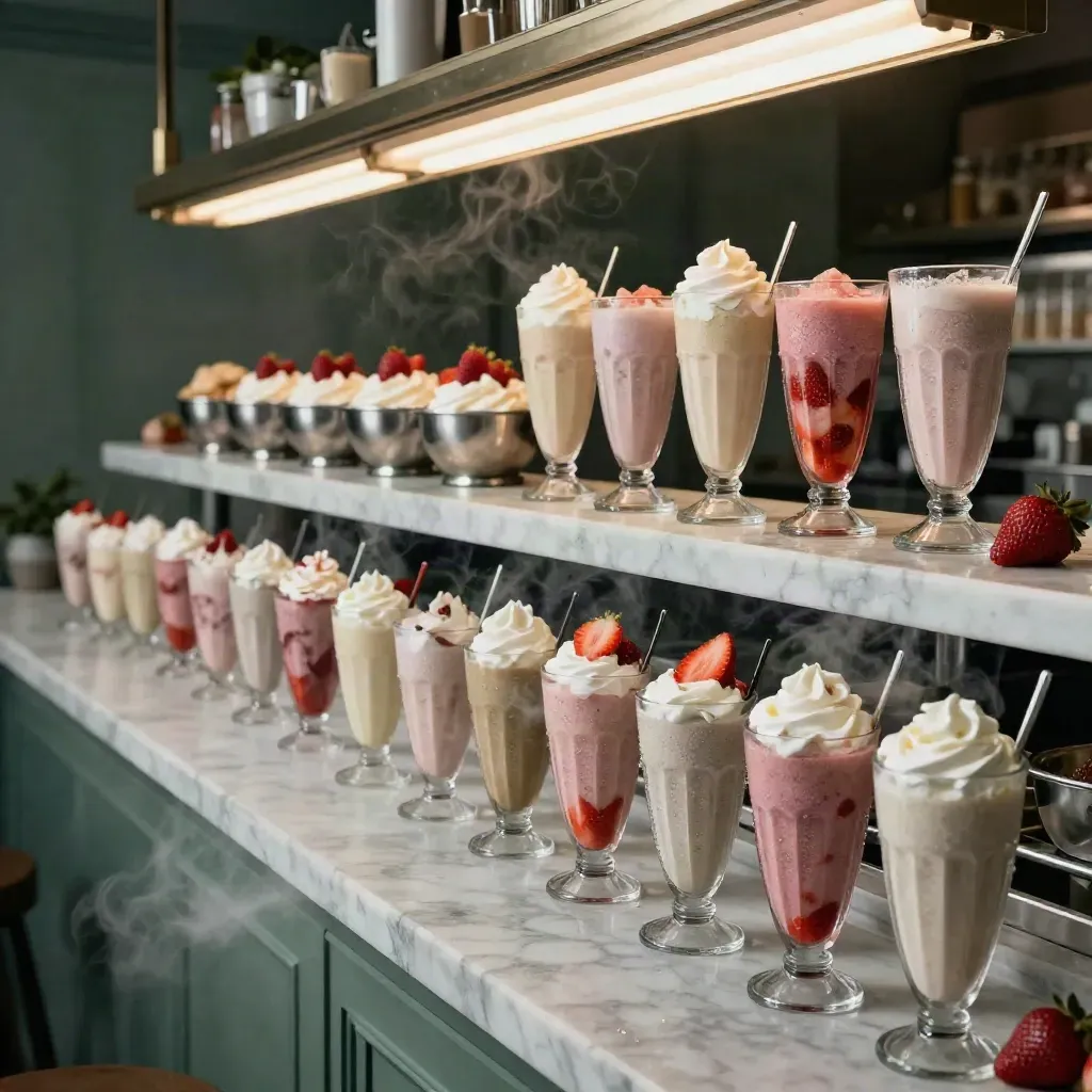 Frappè alla fragola, smoothie e coppe dessert su marmo bagnato, luce drammatica.