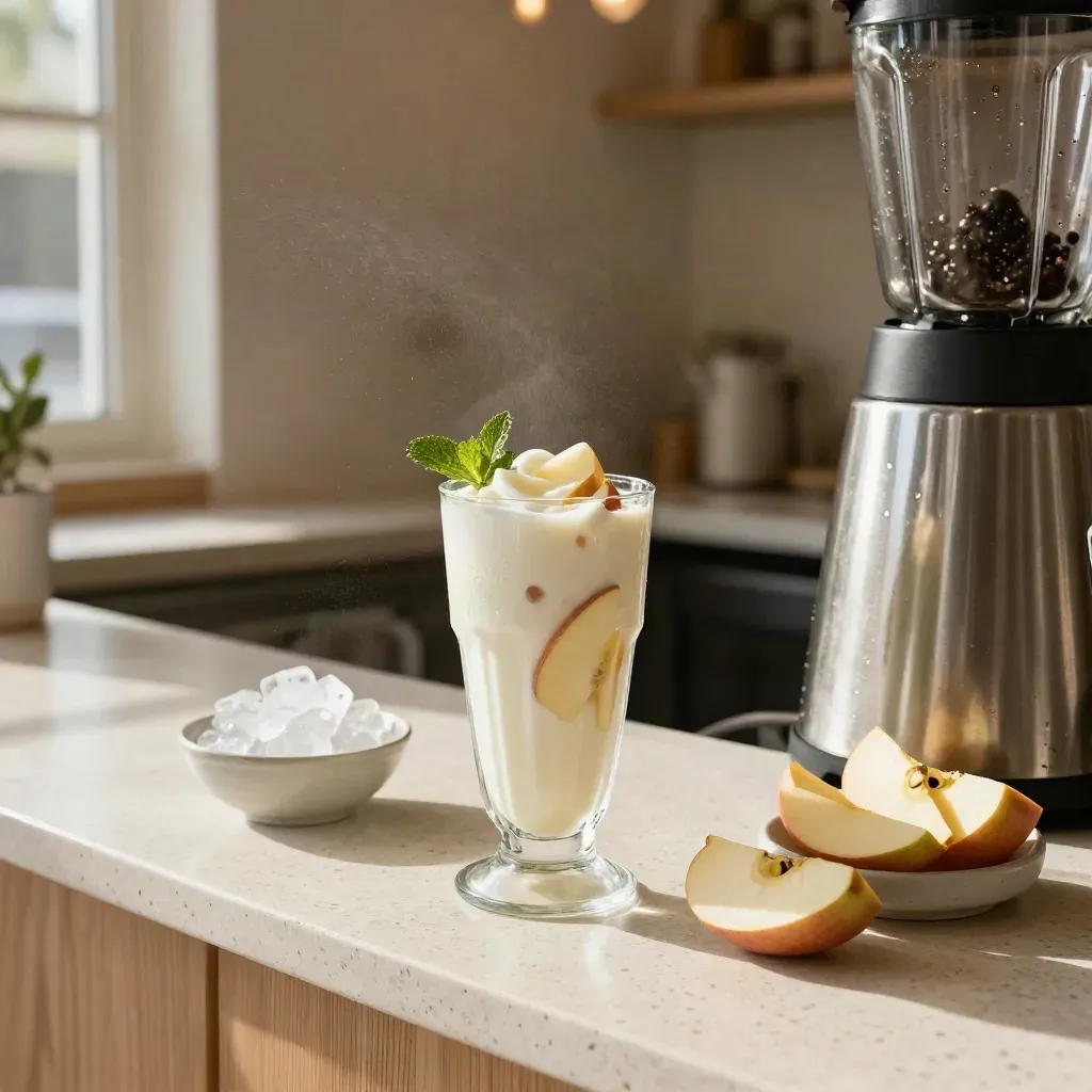 Smoothie chiaro versato in un bicchiere alto con mela, ghiaccio e menta su banco di travertino.