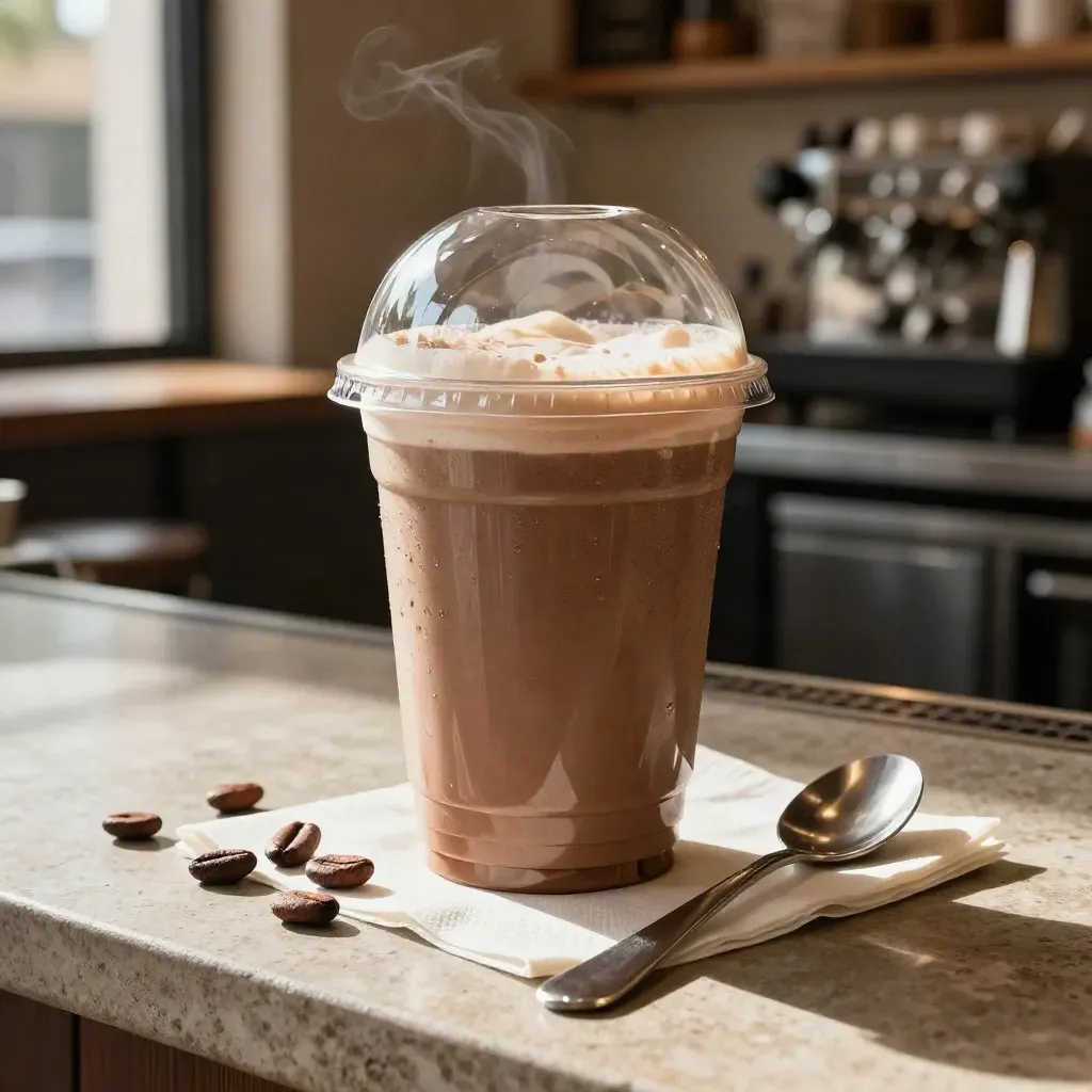 Milkshake al cacao in bicchiere take-away con cacao, salvietta e cucchiaino su banco di caffetteria.