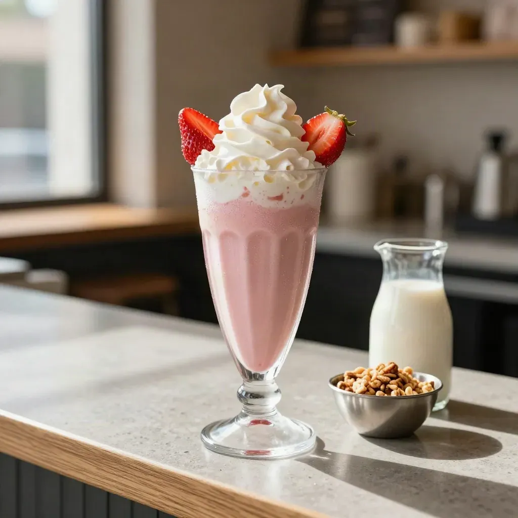 Frappè alla fragola in vetro alto con panna, fragole e granella su banco di pietra.