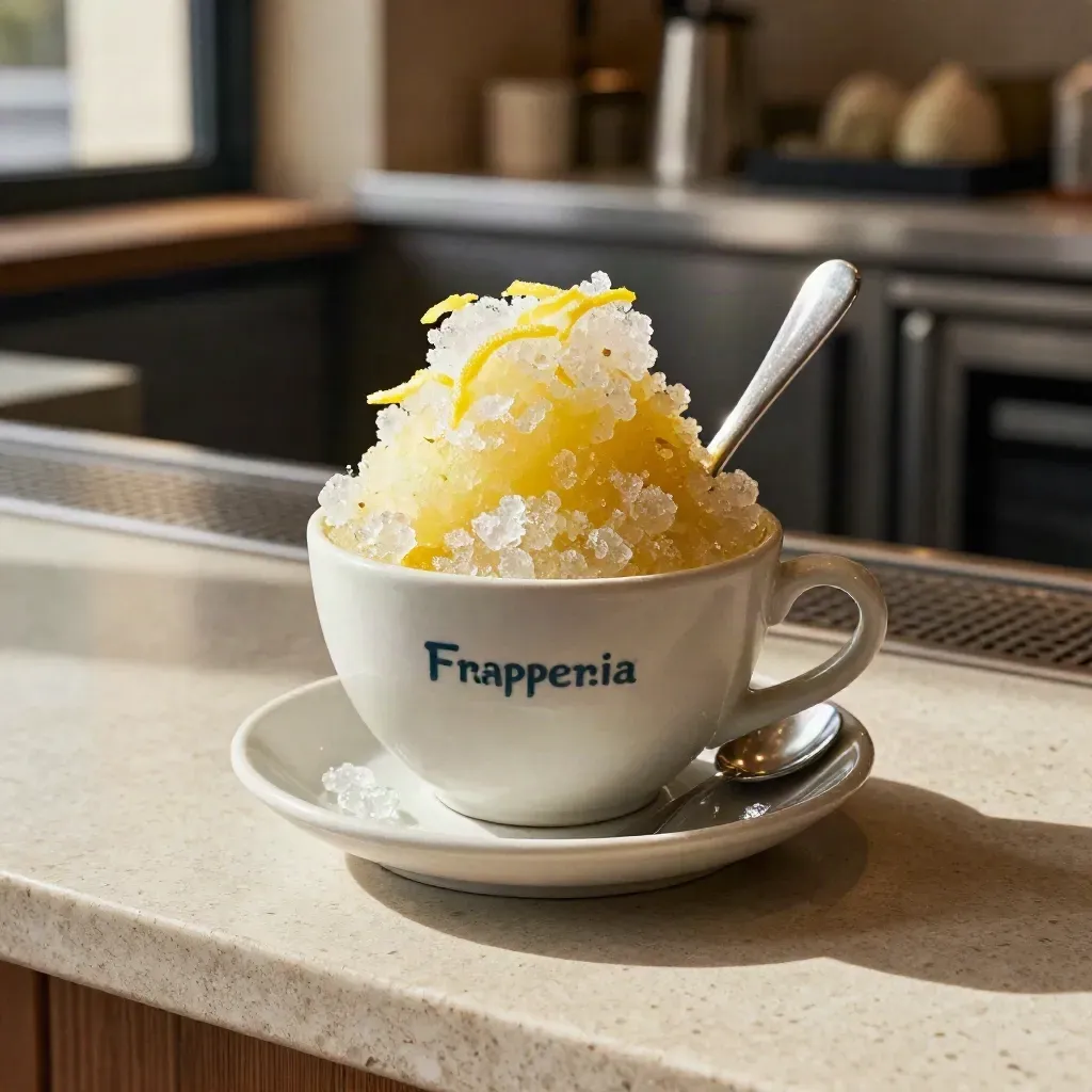 Granita siciliana al limone in coppetta fredda con scorza e granella di ghiaccio su travertino chiaro.