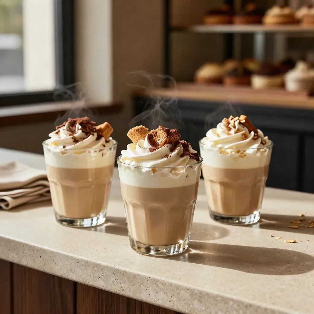 Tre coppe dessert con crema, biscotto e topping su banco chiaro, luce calda e atmosfera cinematica.