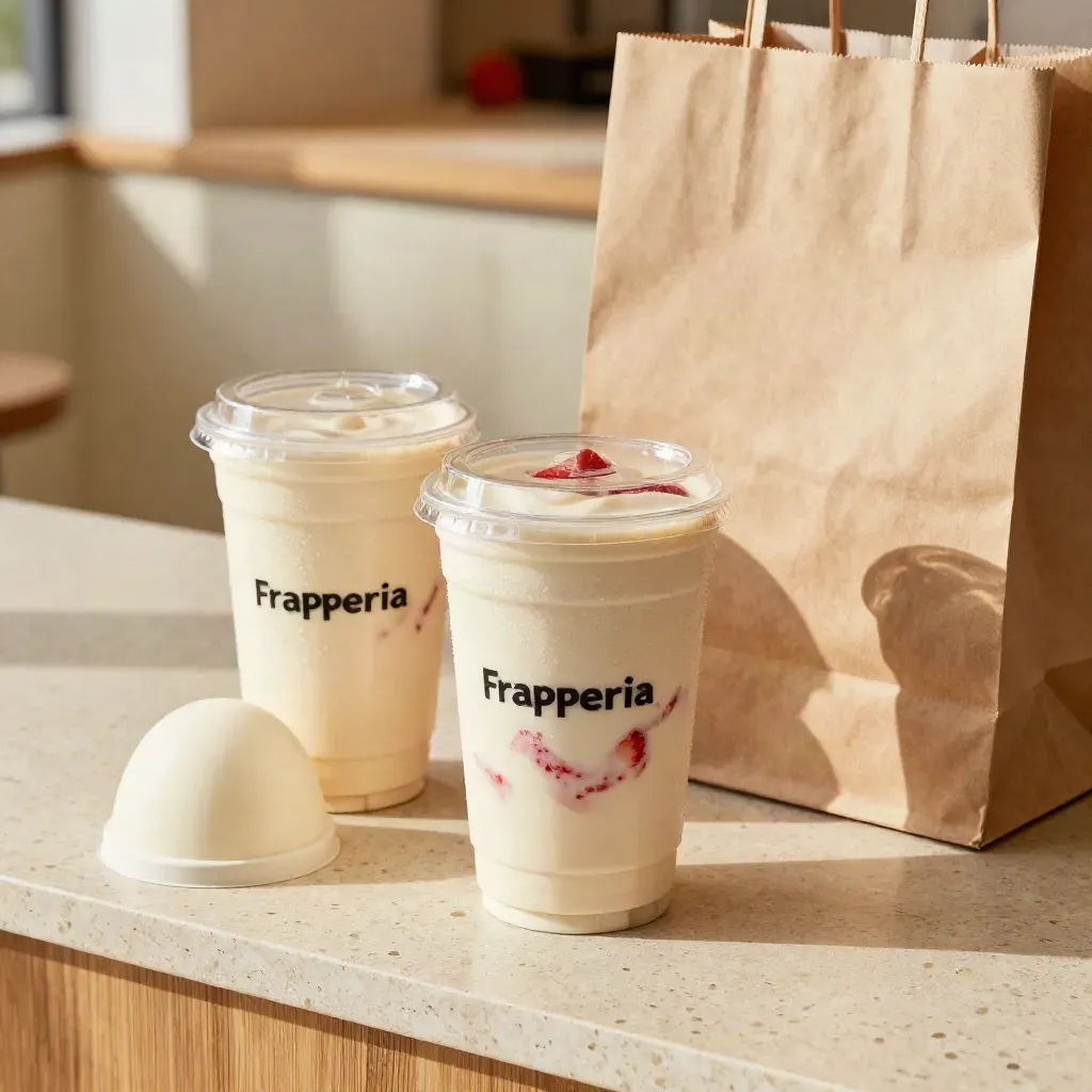 Set take-away con due frappè, coppa dessert chiusa e sacchetto neutro su banco caldo.