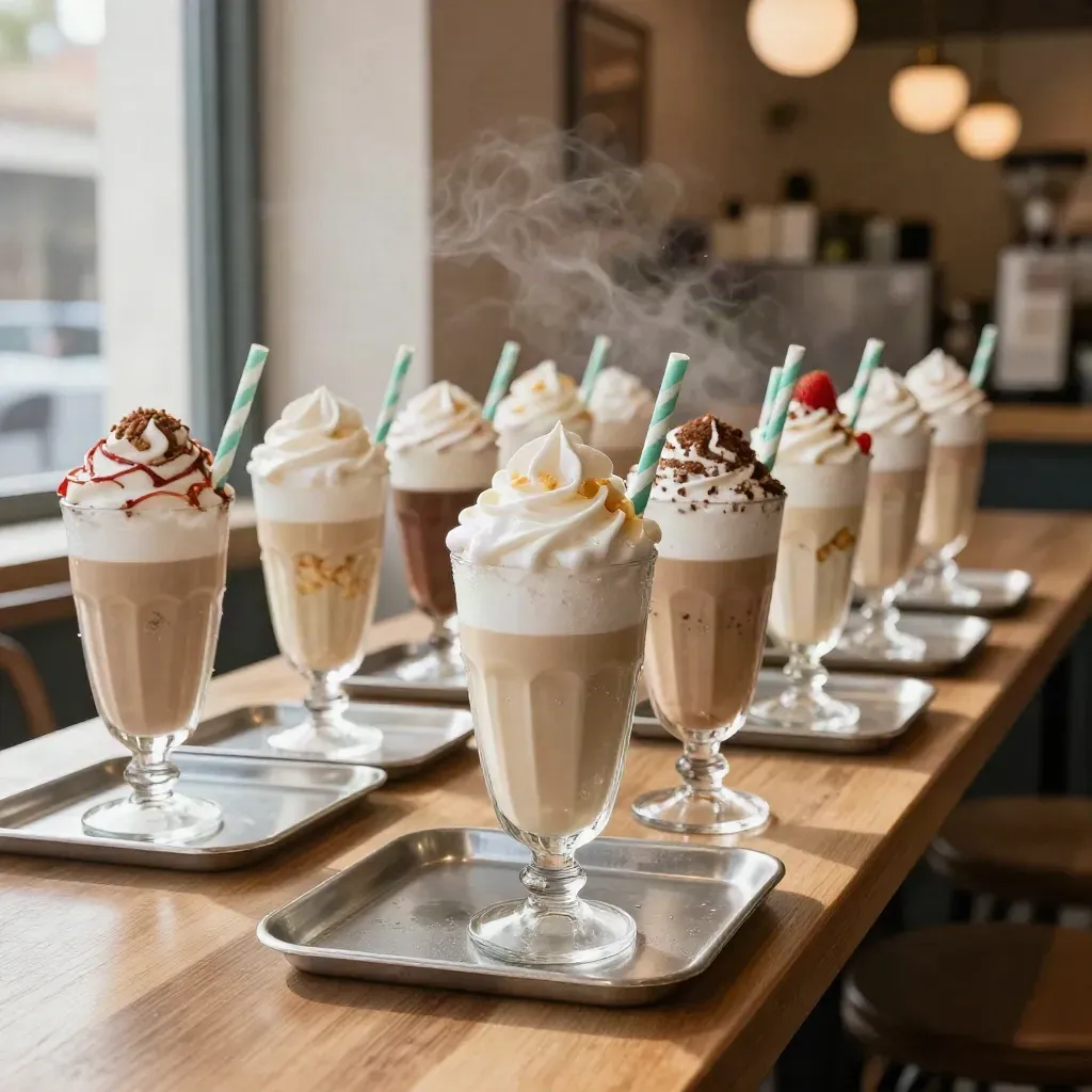 Fila di frappè assortiti su un lungo bancone con condensa e vassoi pronti