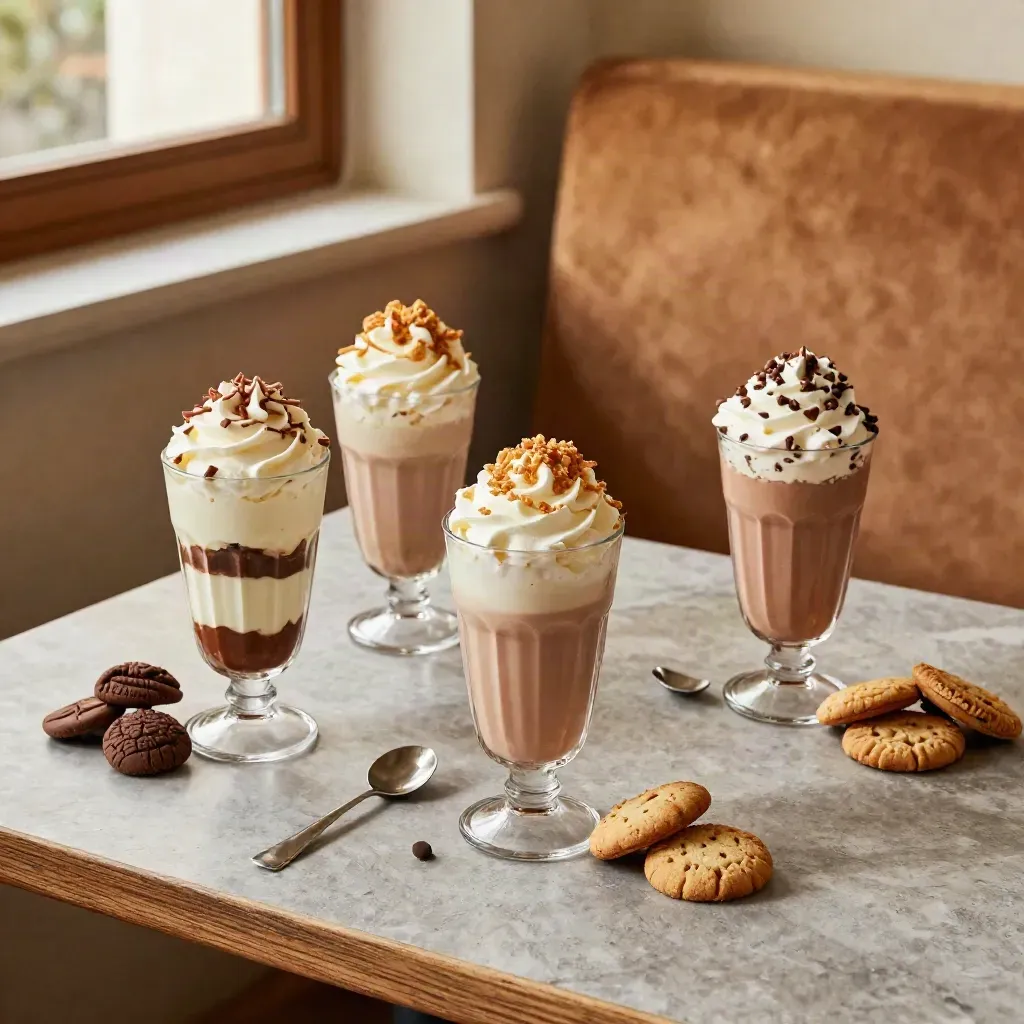 Tre coppe dessert e due milkshake su tavolo apparecchiato in un accogliente locale italiano.