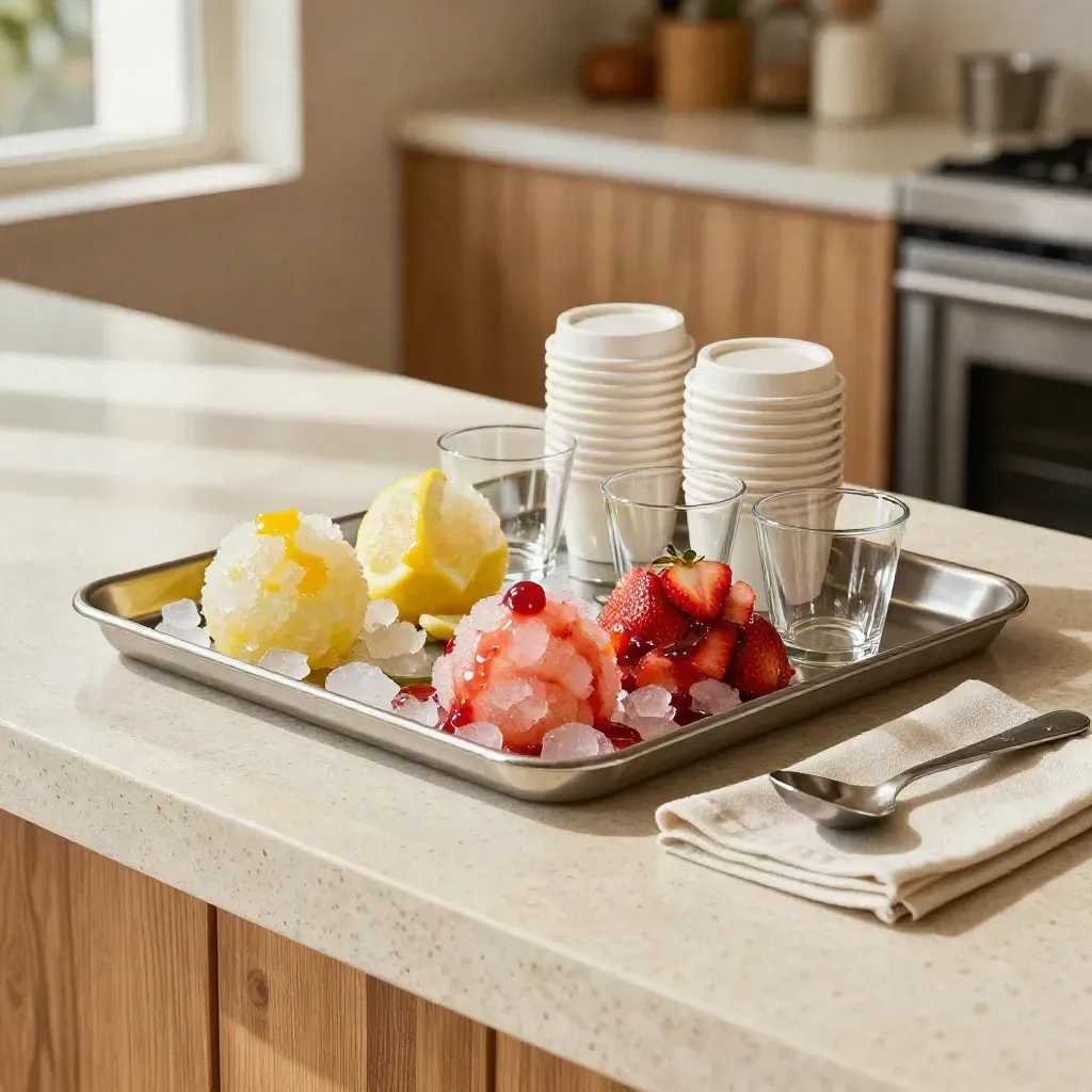 Vassoi di granite limone e fragola sul banco, pronti per il ritiro, in luce fresca.