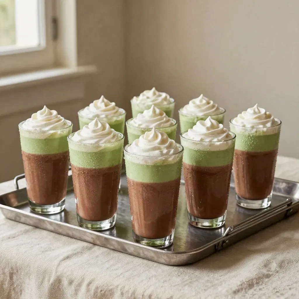 Sei smoothie verdi e quattro frappè cacao su un tavolo in acciaio, pronti per la pausa pranzo.