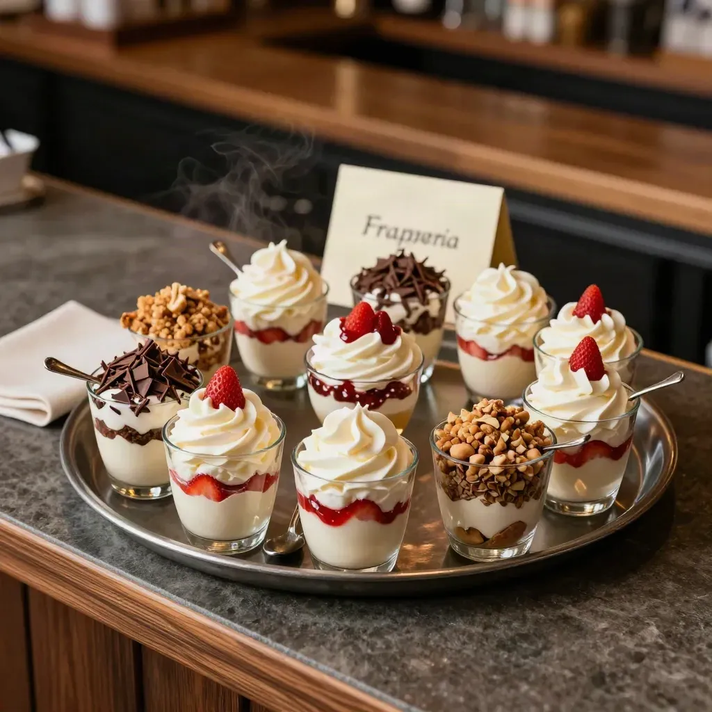 Coppe dessert con fragola, panna e topping misti su vassoio centrale in un banco da festa.