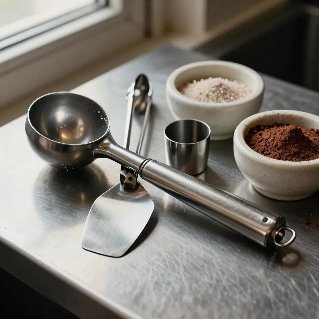 Utensili del banco gelateria con acciaio freddo, cacao e ciotole di topping su fondo nero.
