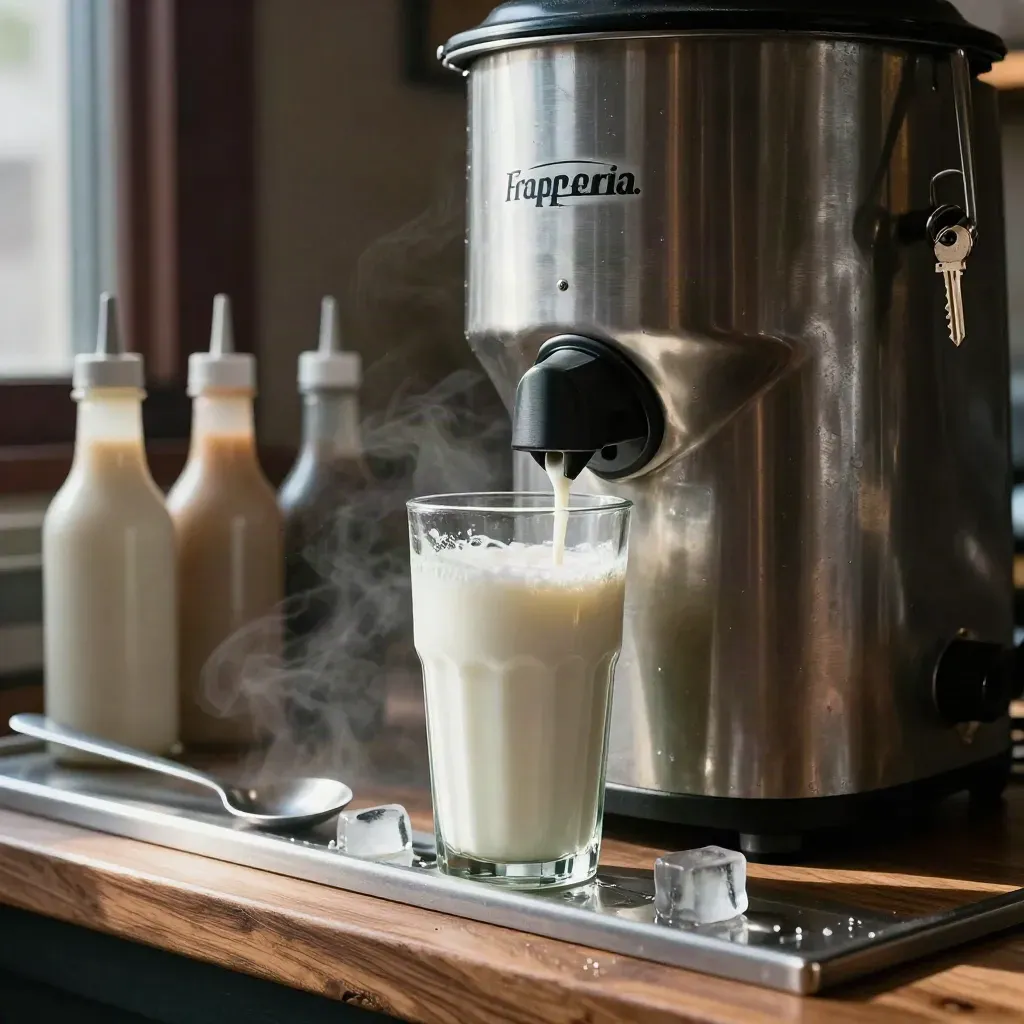 Frullatore industriale e accessori per milkshake su banco inox, con ghiaccio e vapore freddo.