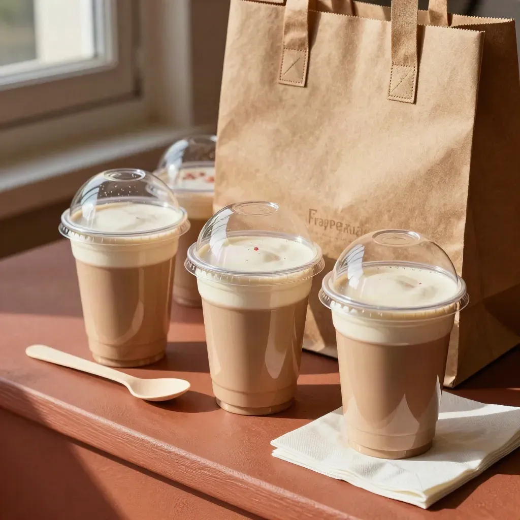 Kit take-away con bicchieri sigillati, borsa kraft e cucchiaini compostabili, accento fragola
