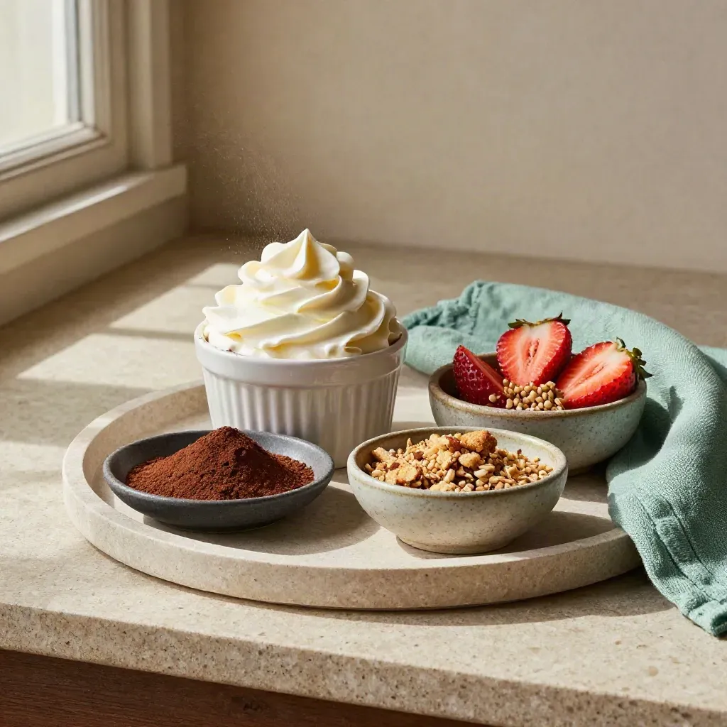 Toppings su vassoio di pietra: panna, cacao, granella, biscotti e fragole con tovagliolo menta.