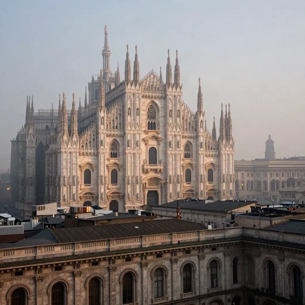 Duomo di Milano tra foschia serale e tetti in pietra chiara, cielo lattiginoso sopra la città