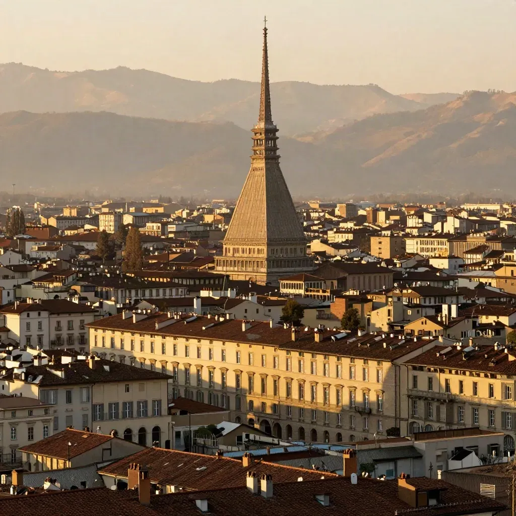 Torino al tramonto con la Mole Antonelliana sopra i tetti e la collina in foschia dorata.