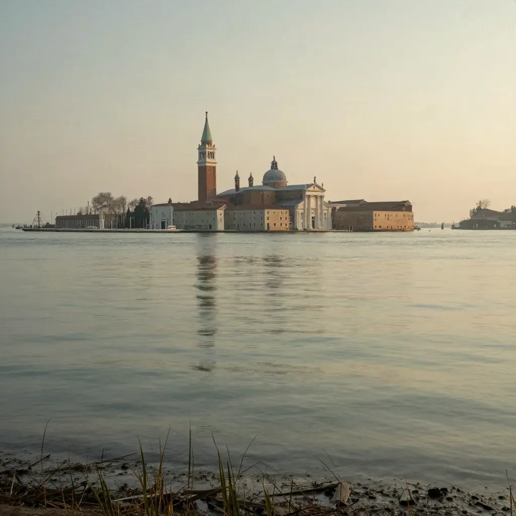 Laguna veneta all’ora blu con Venezia lontana e acqua ferma avvolta nella foschia.